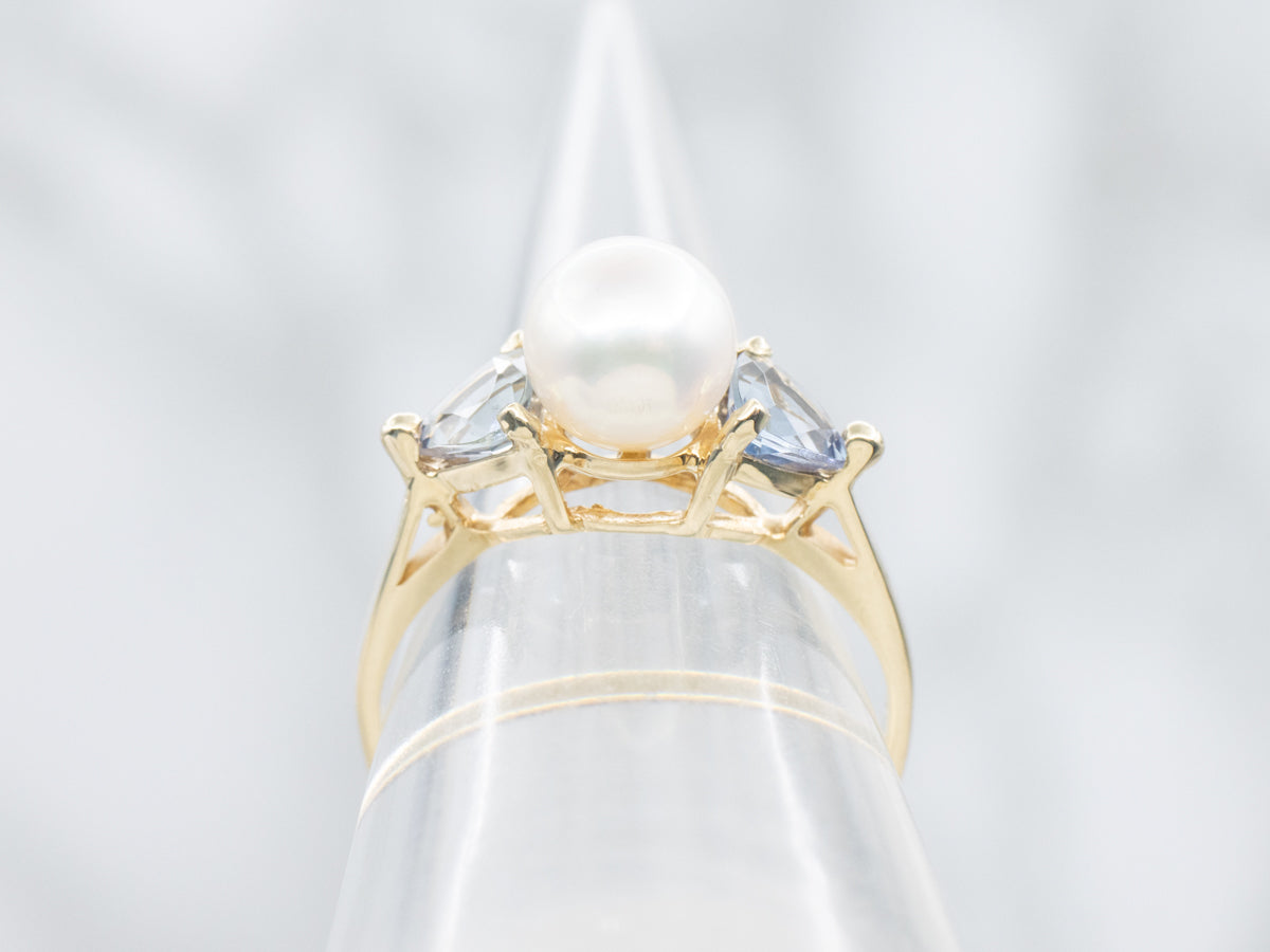 White Pearl and Tanzanite Three Stone Ring