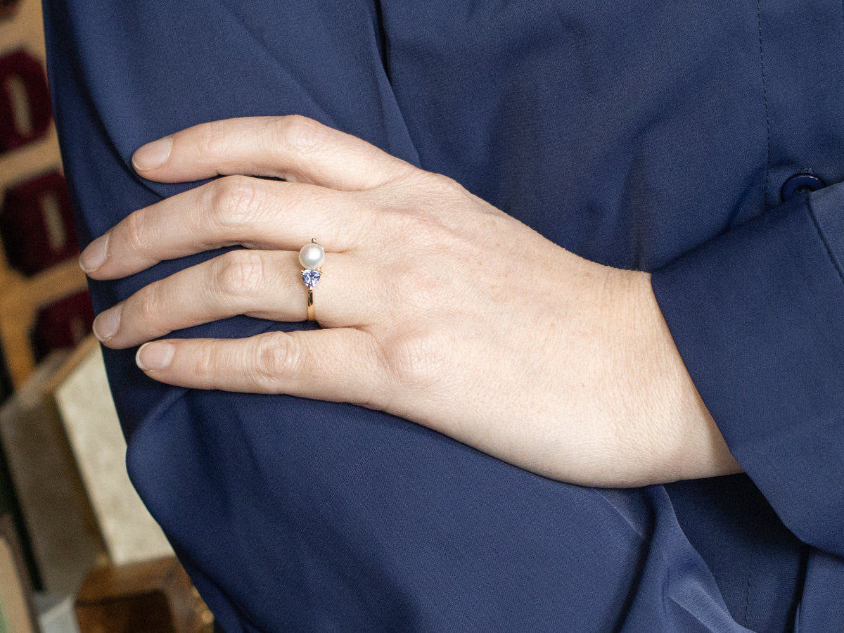 White Pearl and Tanzanite Three Stone Ring