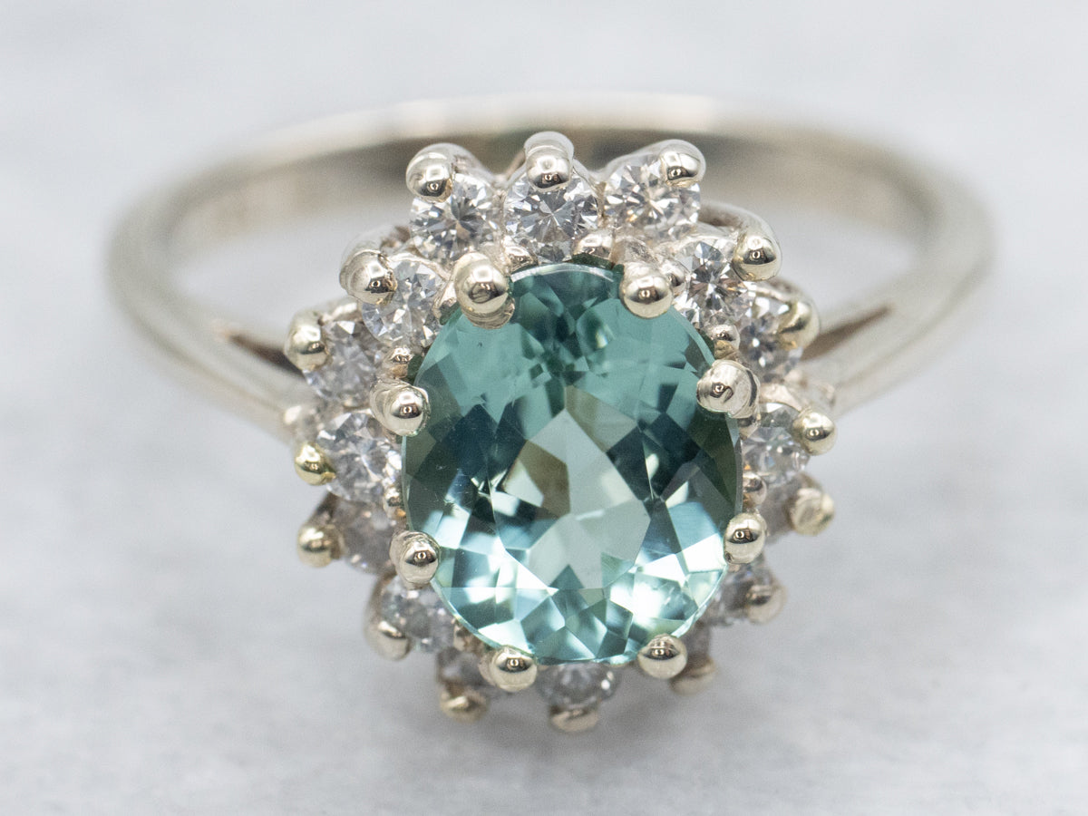 Mint Green Tourmaline and Diamond Halo Ring