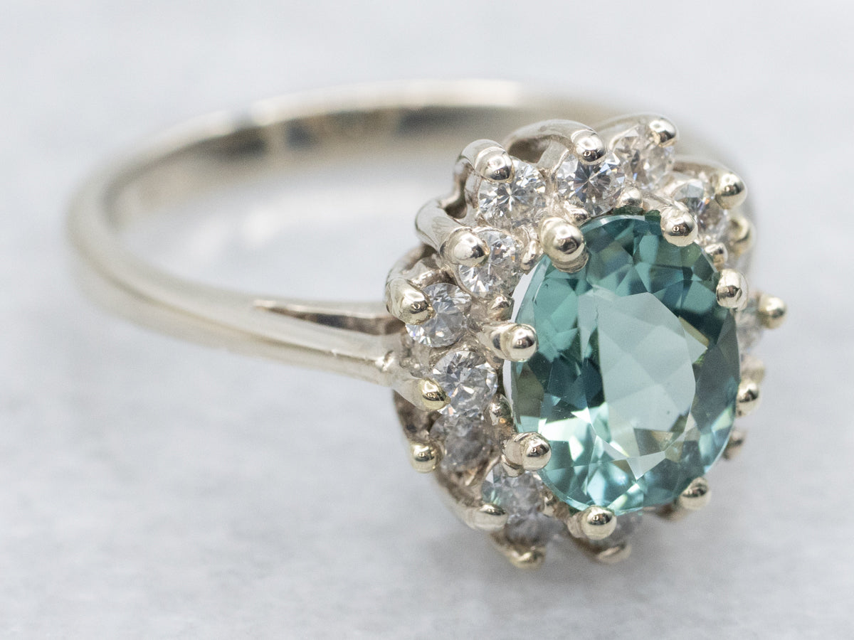 Mint Green Tourmaline and Diamond Halo Ring