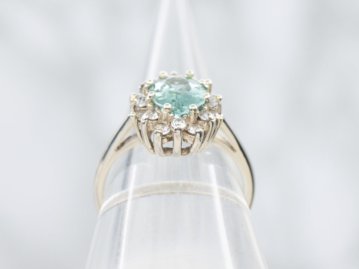 Mint Green Tourmaline and Diamond Halo Ring