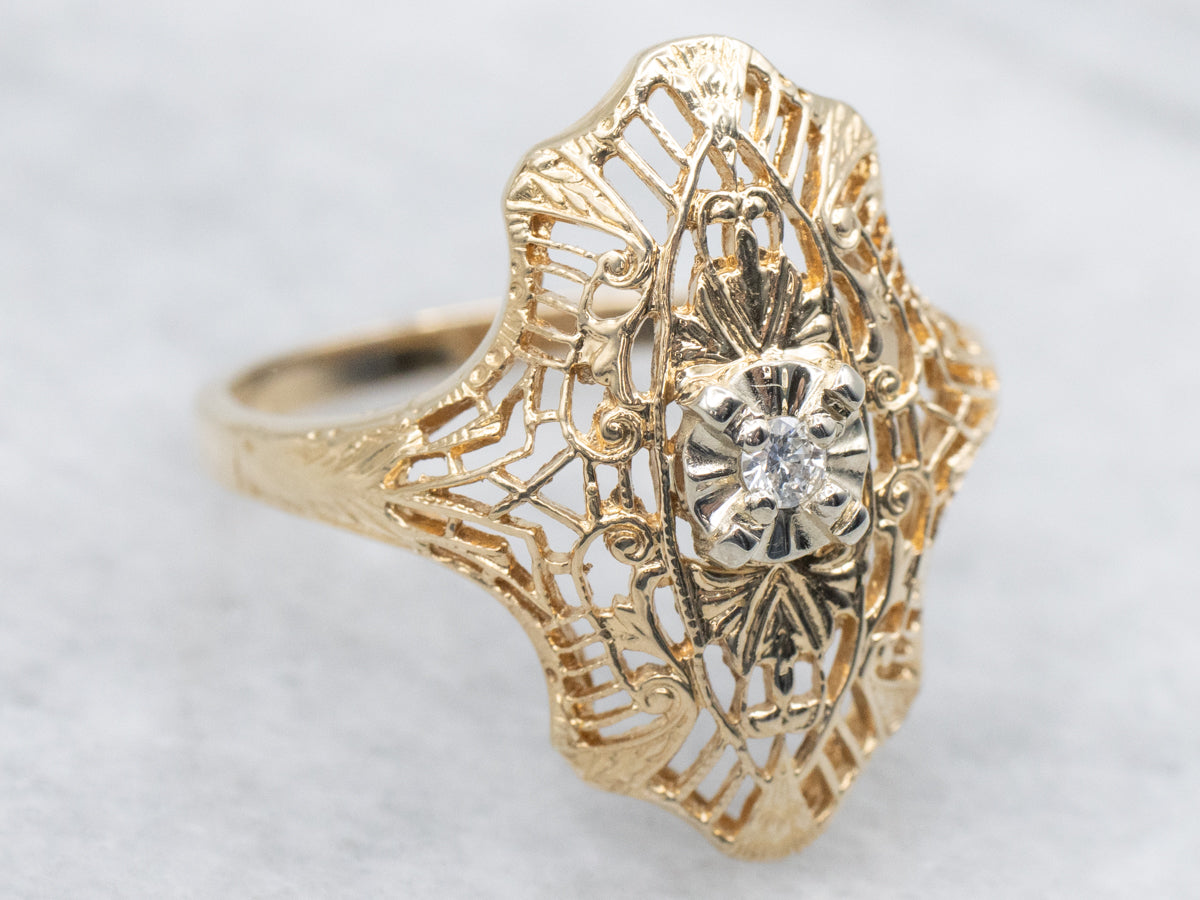 Small Dinner Rings Antique Gold Diamond Filigree Dinner Ring - Market Square Jewelers