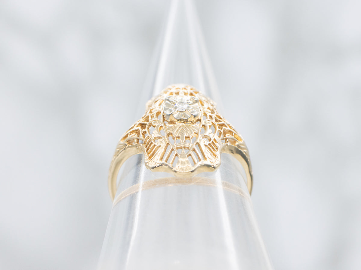 Small Dinner Rings Antique Gold Diamond Filigree Dinner Ring - Market Square Jewelers