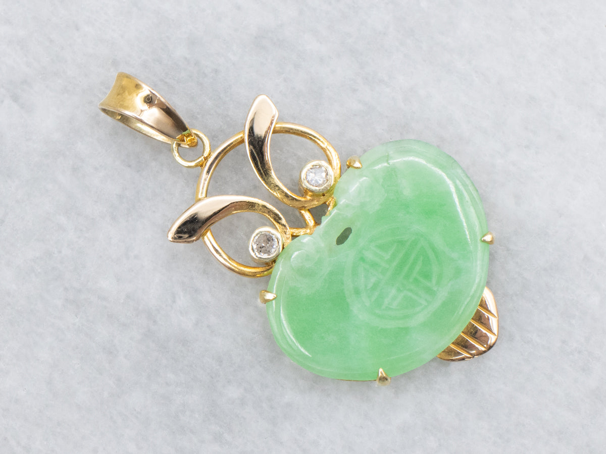Chinese Jadeite and Gold Diamond Eyed Owl Pendant
