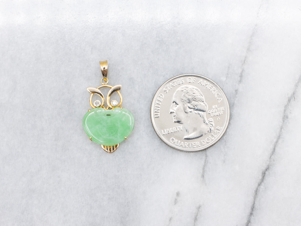 Chinese Jadeite and Gold Diamond Eyed Owl Pendant