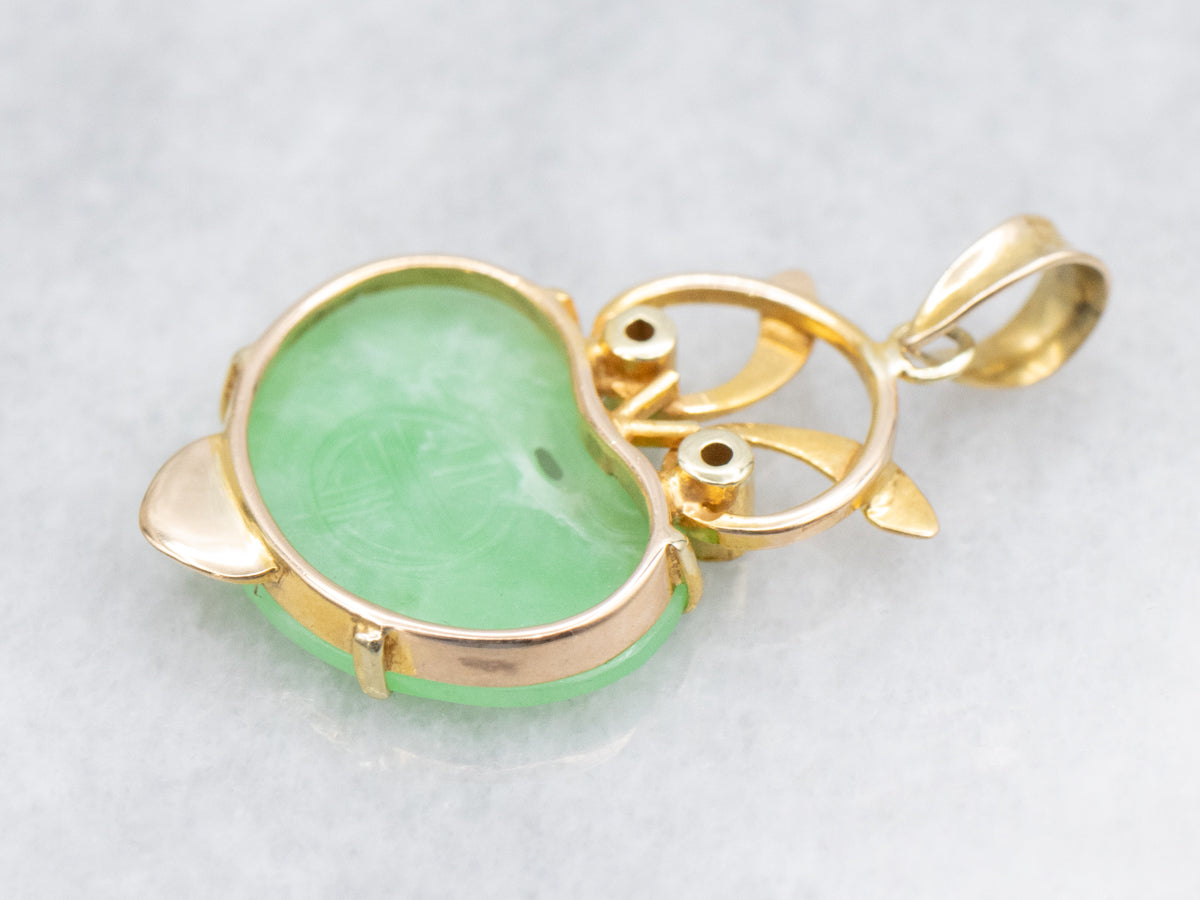 Chinese Jadeite and Gold Diamond Eyed Owl Pendant