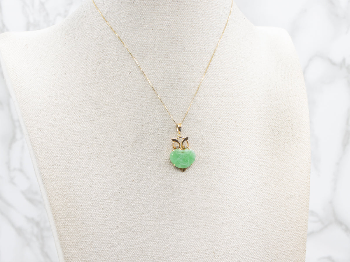 Chinese Jadeite and Gold Diamond Eyed Owl Pendant