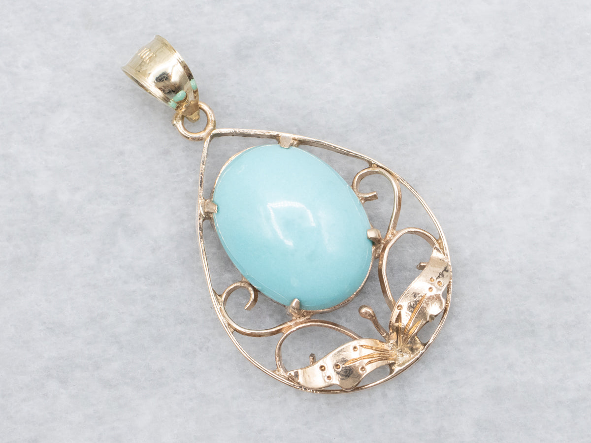 Vintage Turquoise and Gold Botanical Pendant