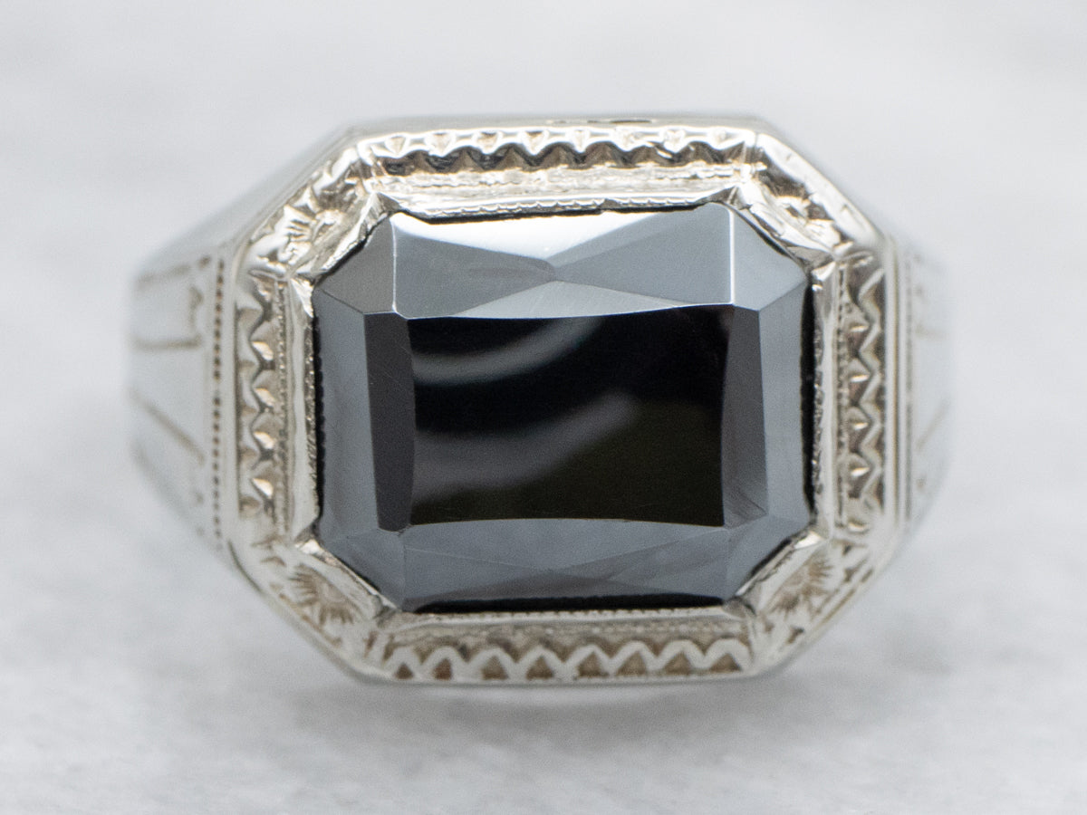 Etched Hematite Solitaire Gold Ring