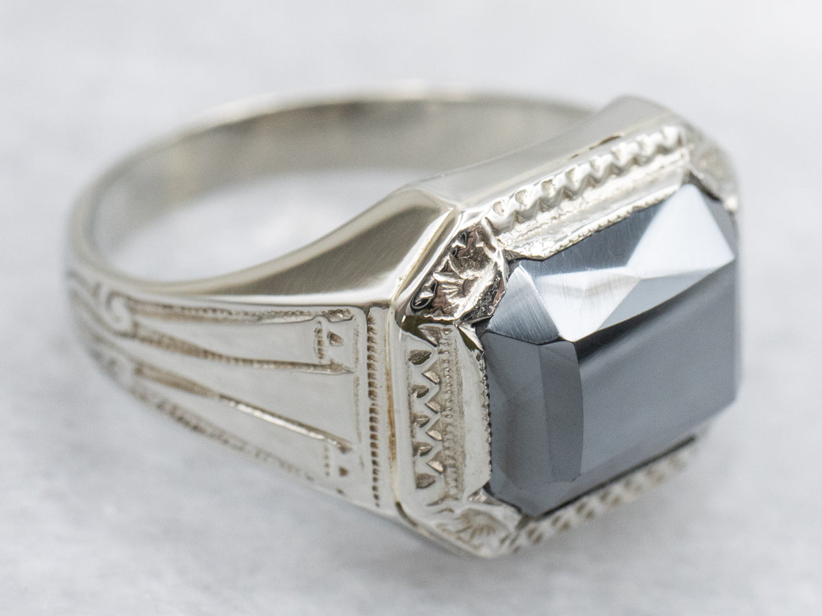 Etched Hematite Solitaire Gold Ring