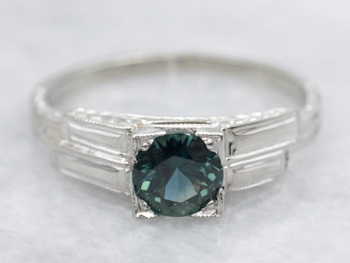 Late Art Deco Green Sapphire Solitaire Ring