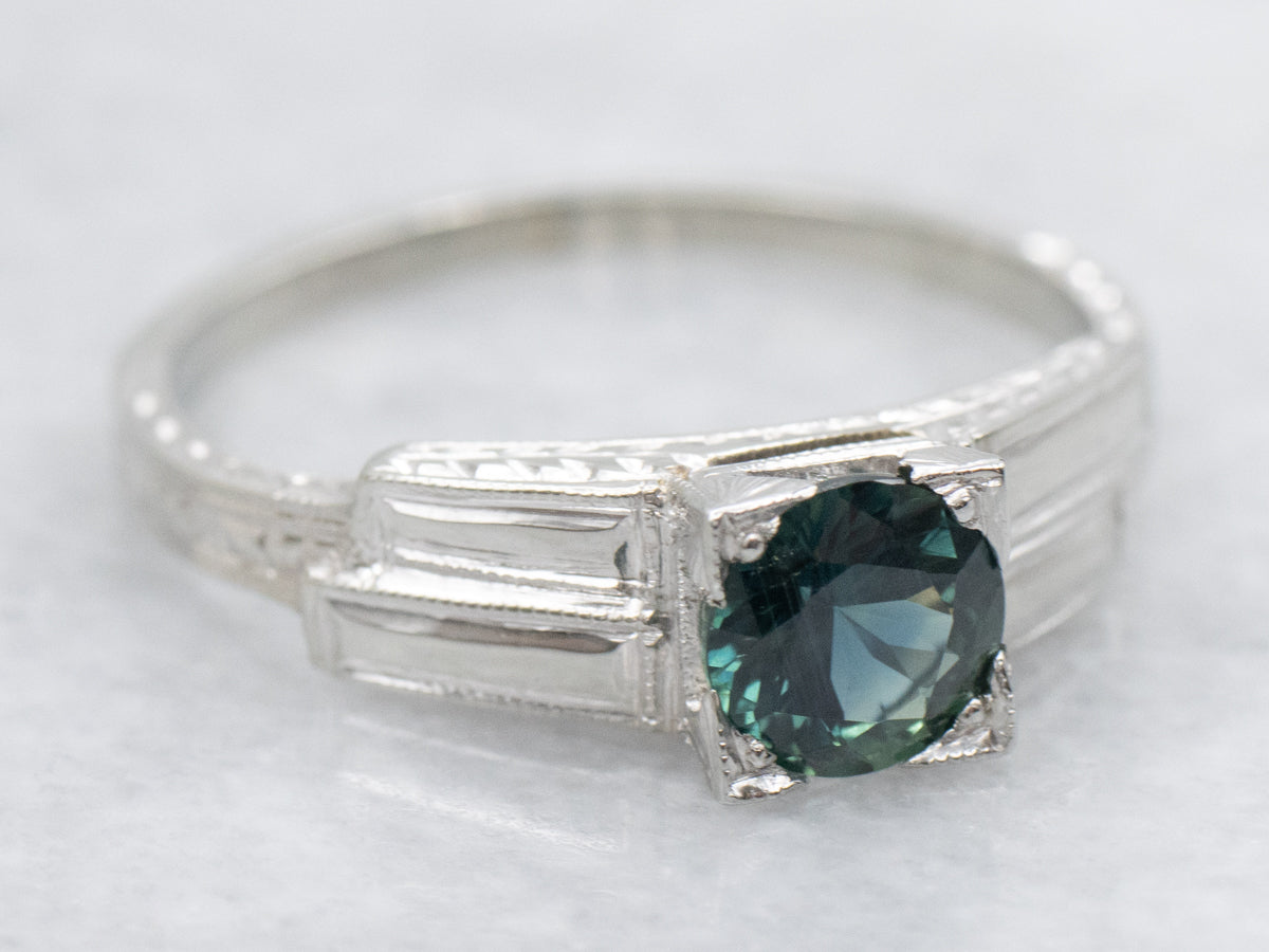 Late Art Deco Green Sapphire Solitaire Ring