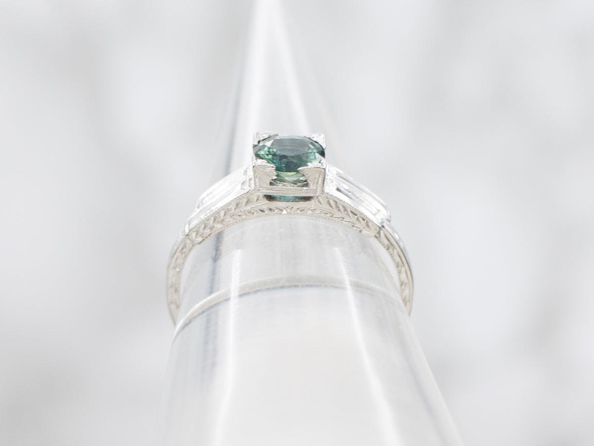 Late Art Deco Green Sapphire Solitaire Ring