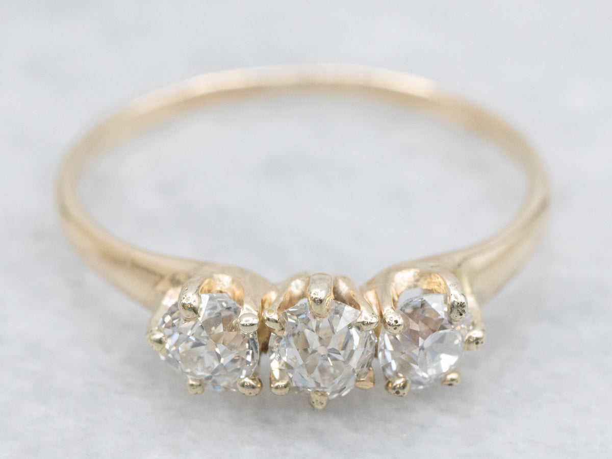 Old Mine Cut Diamond Three Stone Engagement Ring