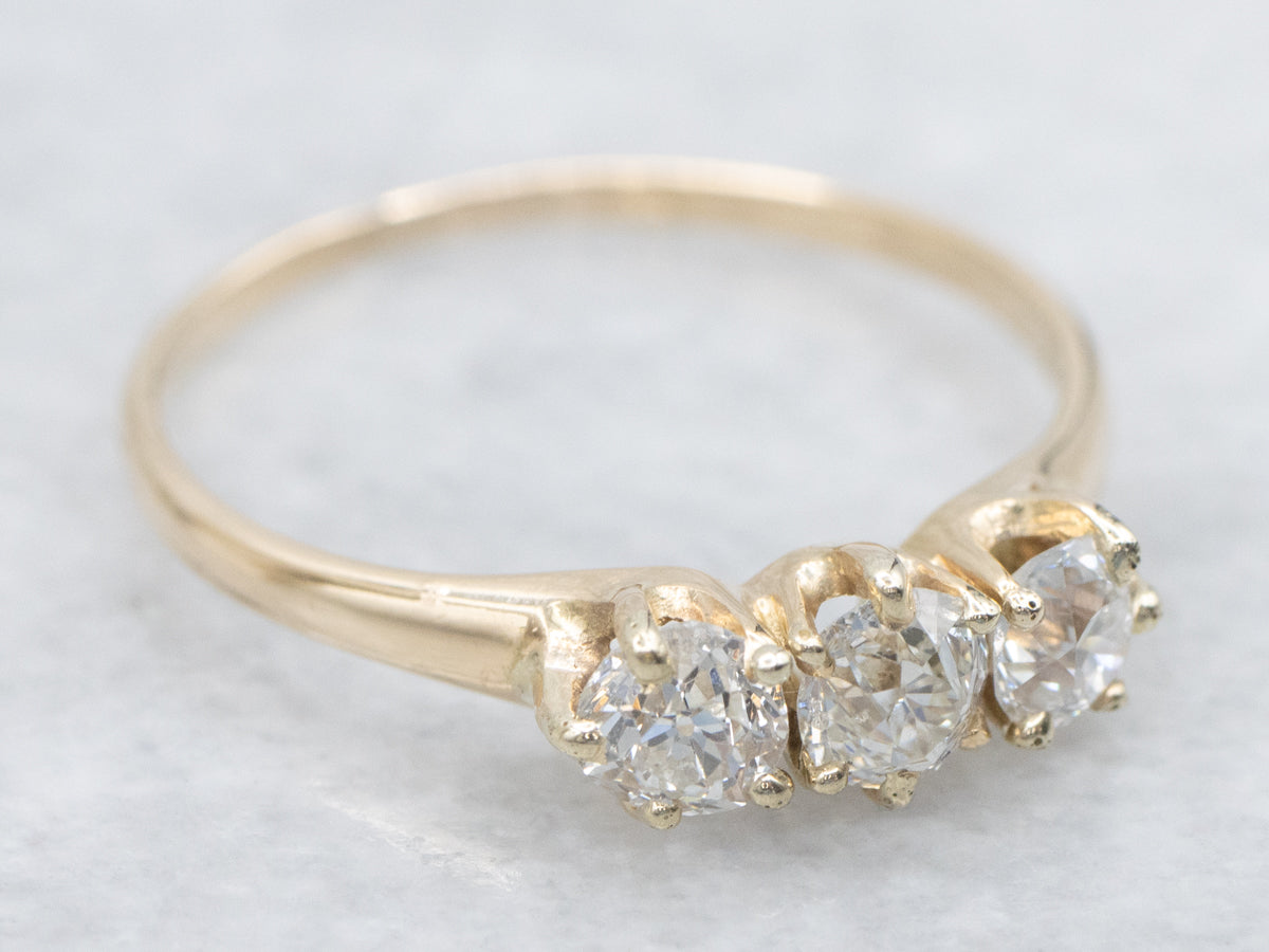 Old Mine Cut Diamond Three Stone Engagement Ring