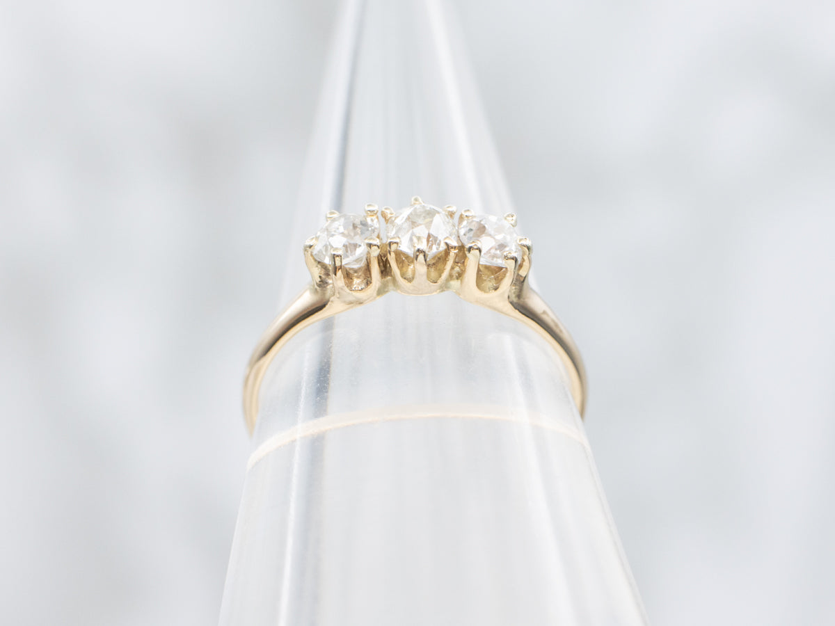 Old Mine Cut Diamond Three Stone Engagement Ring