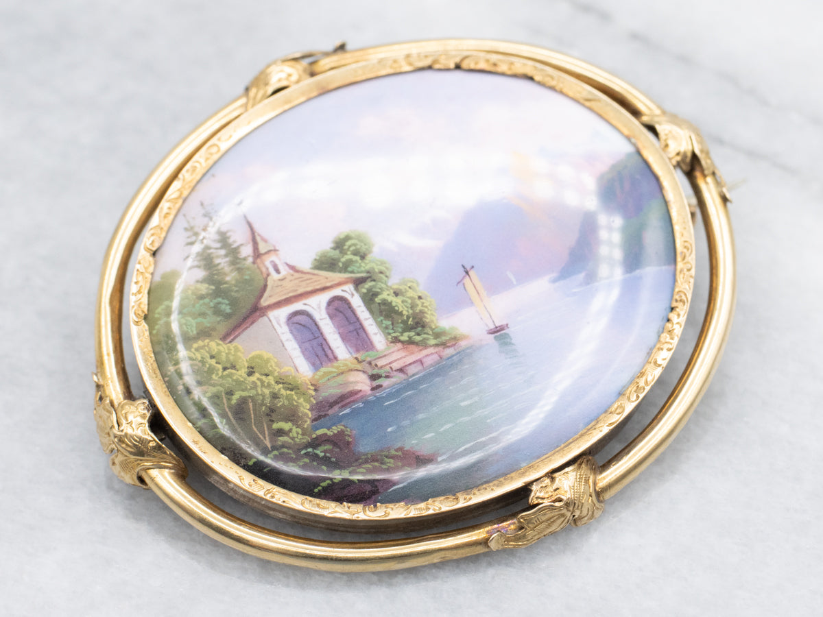 Antique Gold Hand-Painted Ceramic Brooch
