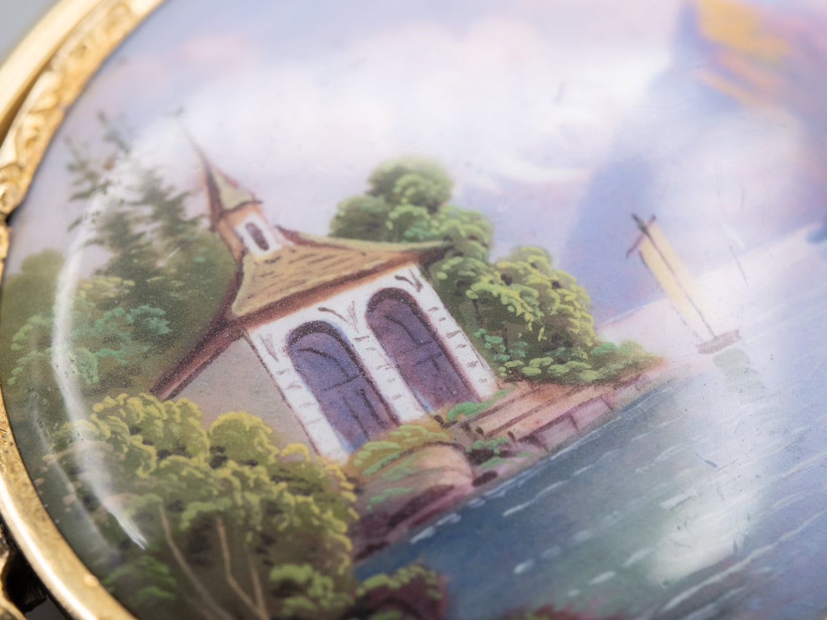 Antique Gold Hand-Painted Ceramic Brooch