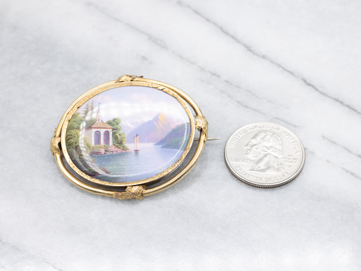 Antique Gold Hand-Painted Ceramic Brooch