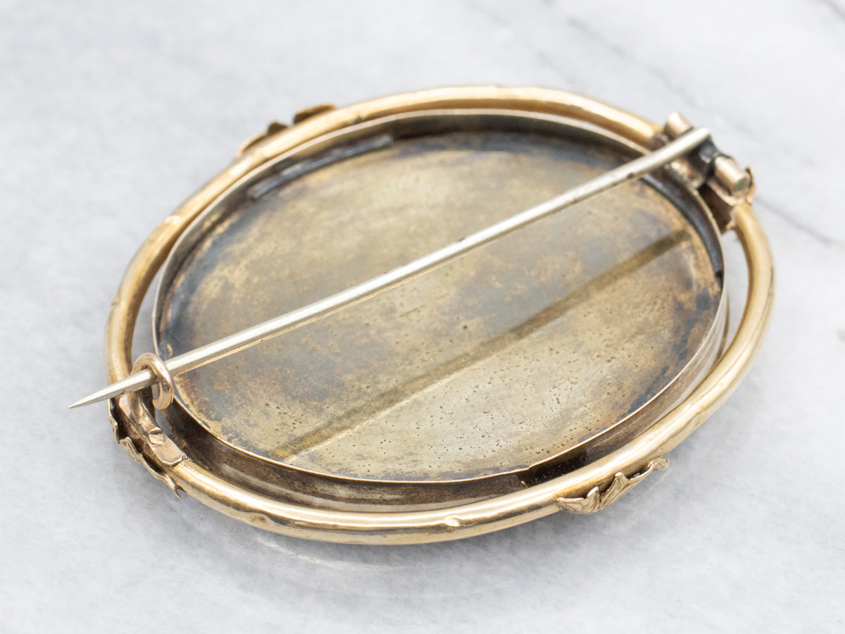 Antique Gold Hand-Painted Ceramic Brooch