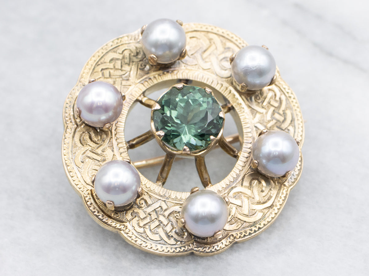 Antique Green Tourmaline and Gray Pearl Brooch or Pendant with Etched Celtic Knot