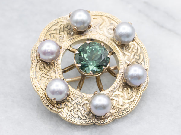Antique Green Tourmaline and Gray Pearl Brooch or Pendant with Etched