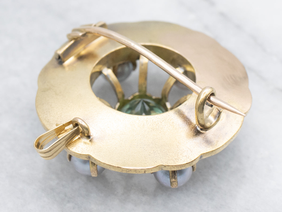 Antique Green Tourmaline and Gray Pearl Brooch or Pendant with Etched Celtic Knot