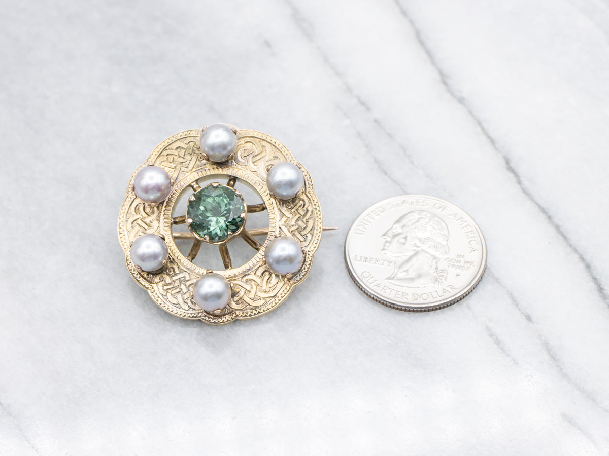 Antique Green Tourmaline and Gray Pearl Brooch or Pendant with Etched Celtic Knot