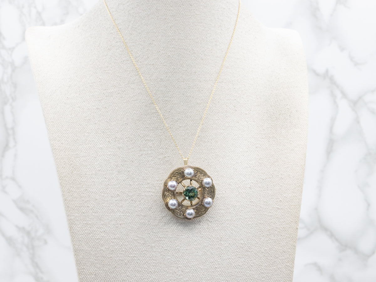 Antique Green Tourmaline and Gray Pearl Brooch or Pendant with Etched Celtic Knot