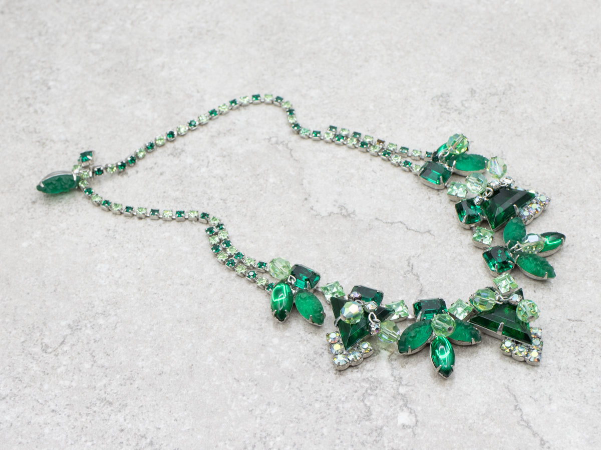 Sterling Silver Vintage Green Rhinestone Bracelet, Earrings and Necklace Costume Set