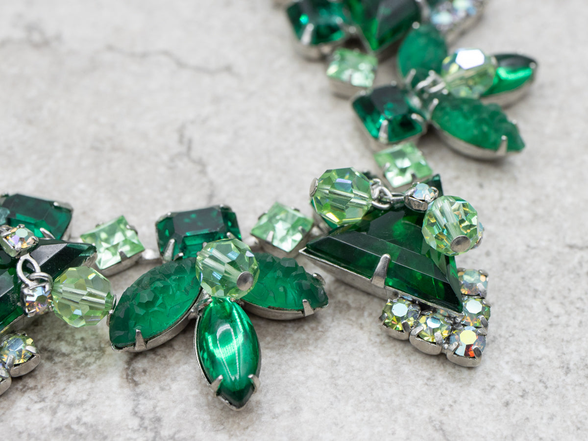 Sterling Silver Vintage Green Rhinestone Bracelet, Earrings and Necklace Costume Set