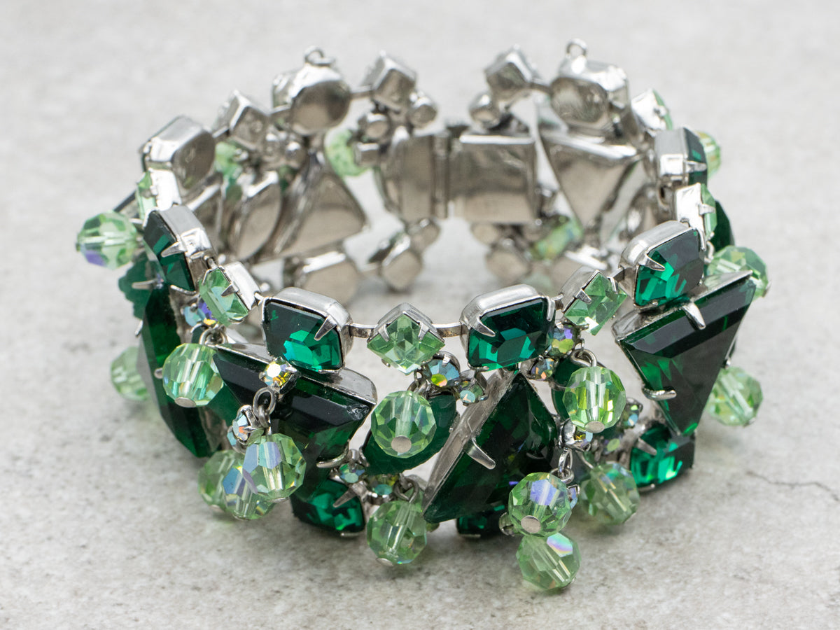 Sterling Silver Vintage Green Rhinestone Bracelet, Earrings and Necklace Costume Set