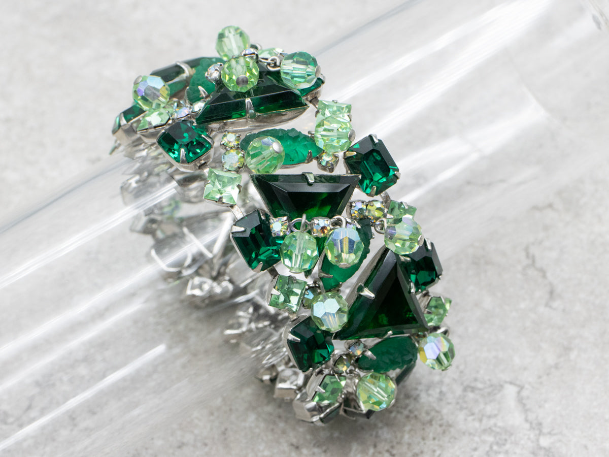 Sterling Silver Vintage Green Rhinestone Bracelet, Earrings and Necklace Costume Set