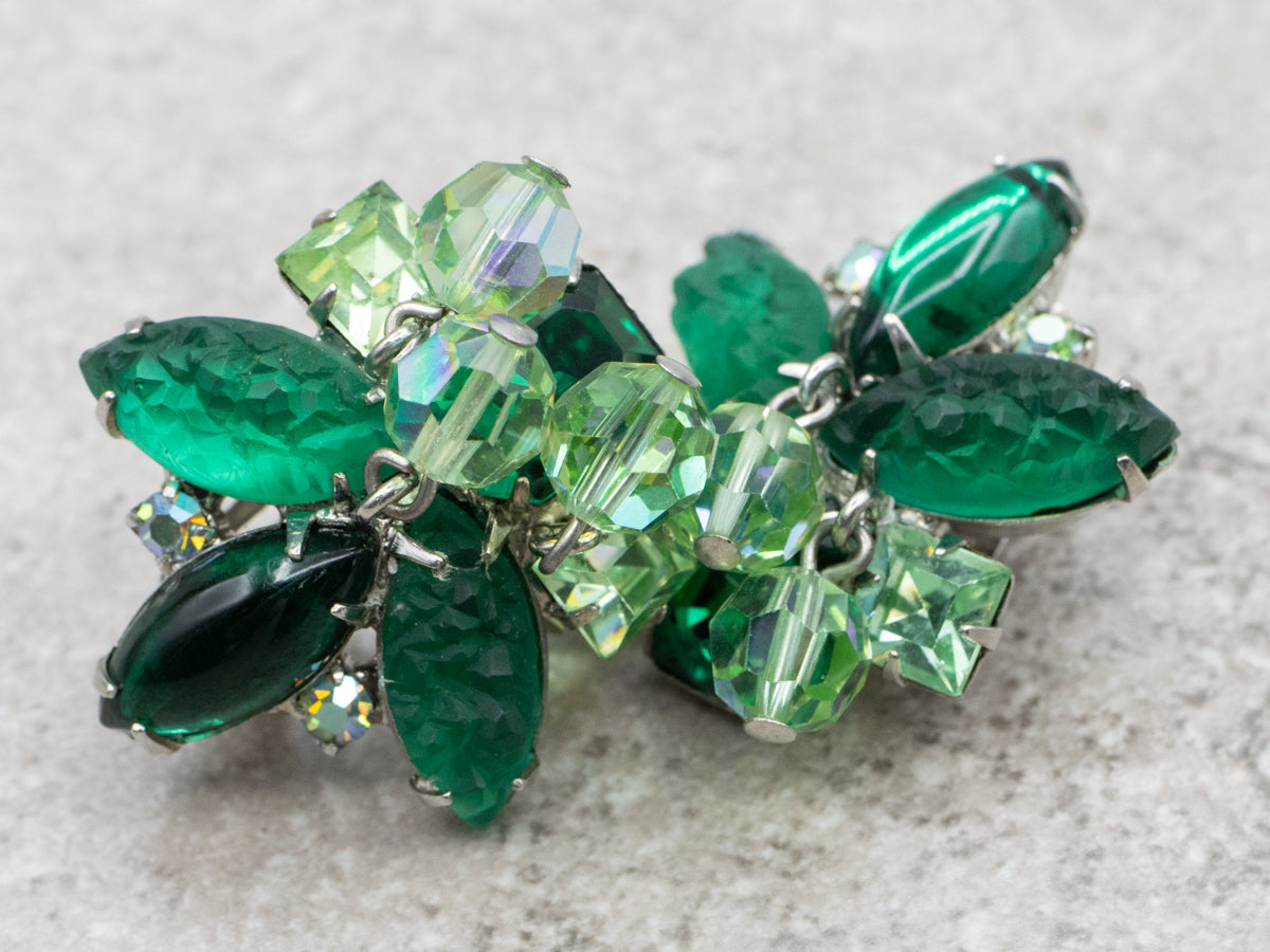 Sterling Silver Vintage Green Rhinestone Bracelet, Earrings and Necklace Costume Set