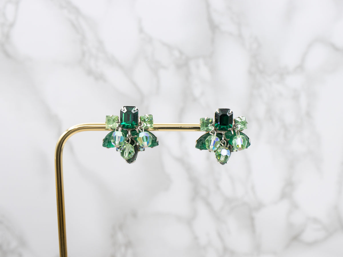 Sterling Silver Vintage Green Rhinestone Bracelet, Earrings and Necklace Costume Set