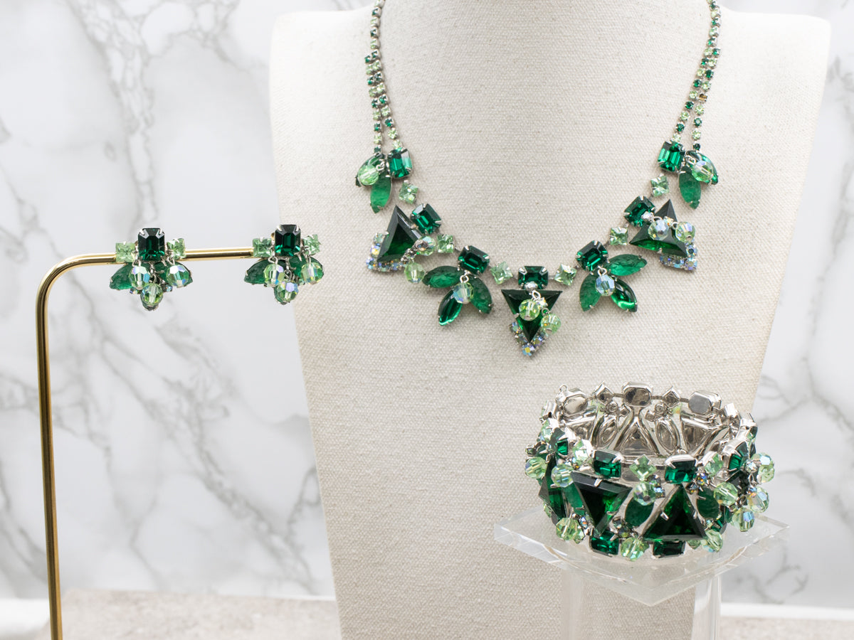 Sterling Silver Vintage Green Rhinestone Bracelet, Earrings and Necklace Costume Set