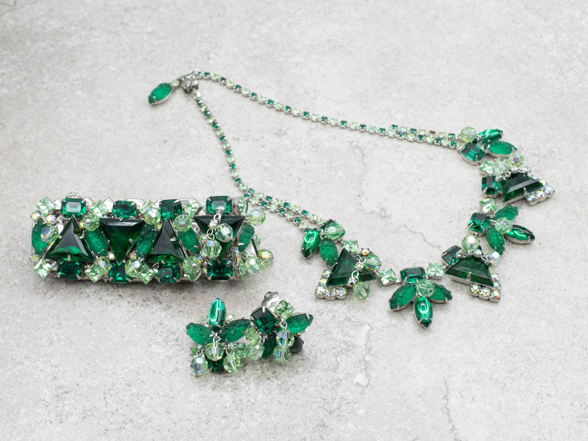 Sterling Silver Vintage Green Rhinestone Bracelet, Earrings and Necklace Costume Set