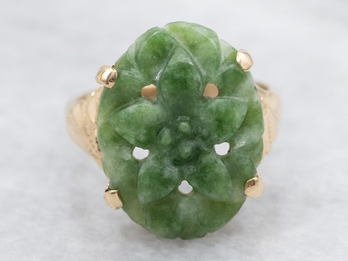 Floral Carved Nephrite Jade Gold Ring