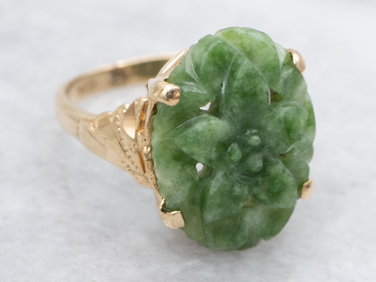 Floral Carved Nephrite Jade Gold Ring