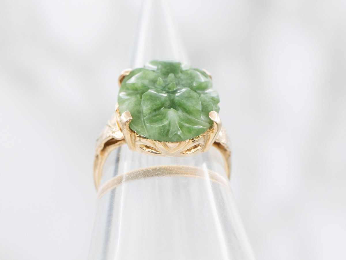 Floral Carved Nephrite Jade Gold Ring
