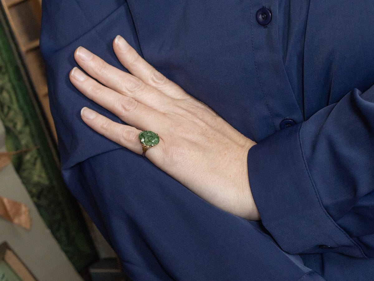 Floral Carved Nephrite Jade Gold Ring
