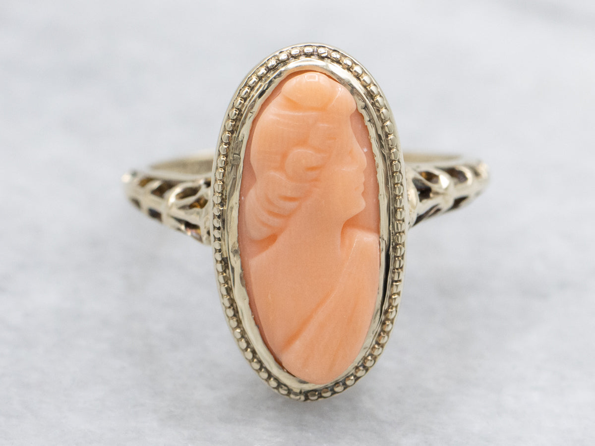 Antique Carved Coral Cameo Gold Filigree Ring