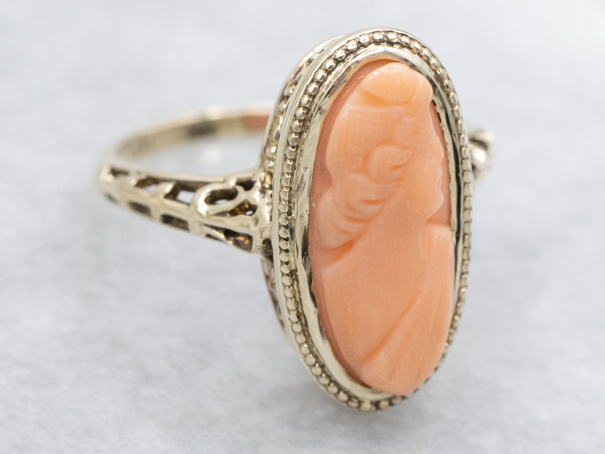 Antique Carved Coral Cameo Gold Filigree Ring