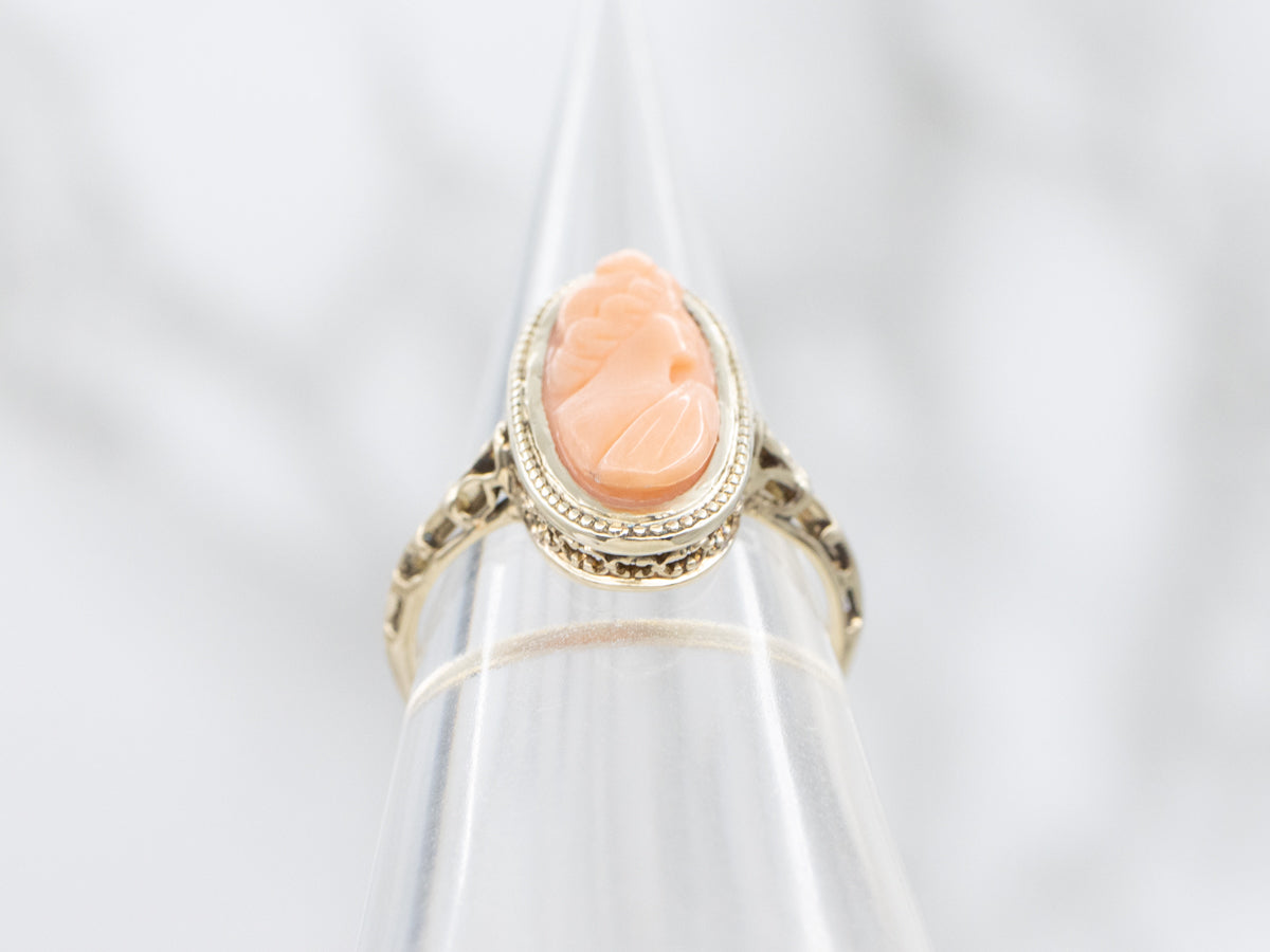 Antique Carved Coral Cameo Gold Filigree Ring