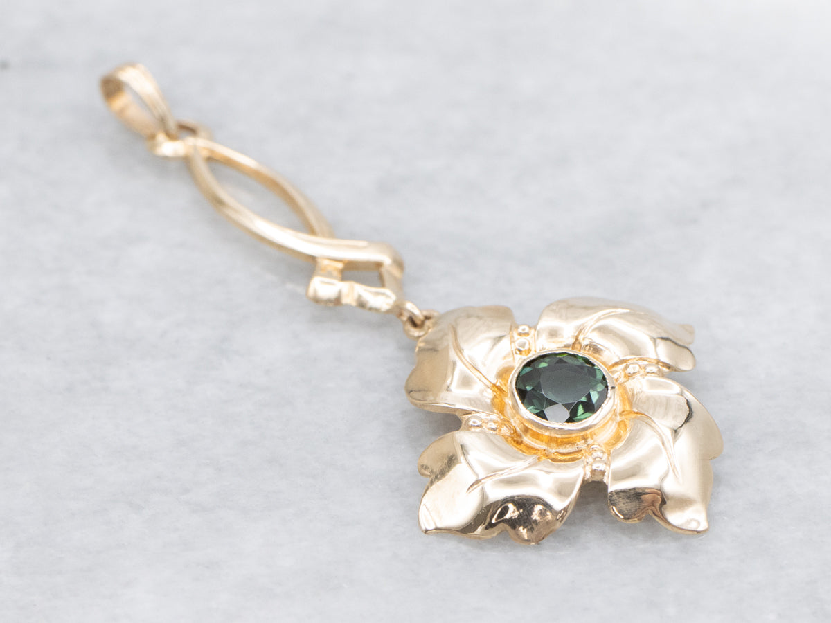 Bezel Set Green Tourmaline Floral Drop Pendant