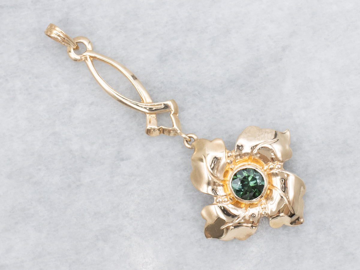 Bezel Set Green Tourmaline Floral Drop Pendant