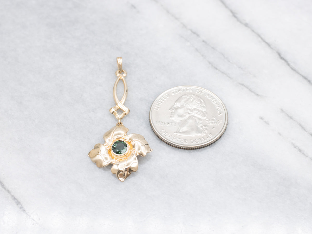 Bezel Set Green Tourmaline Floral Drop Pendant