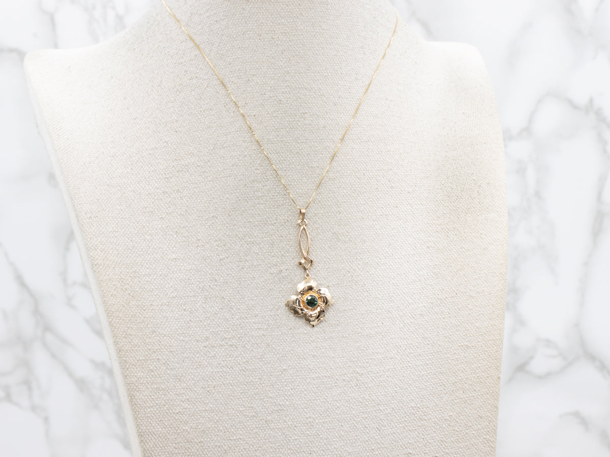 Bezel Set Green Tourmaline Floral Drop Pendant