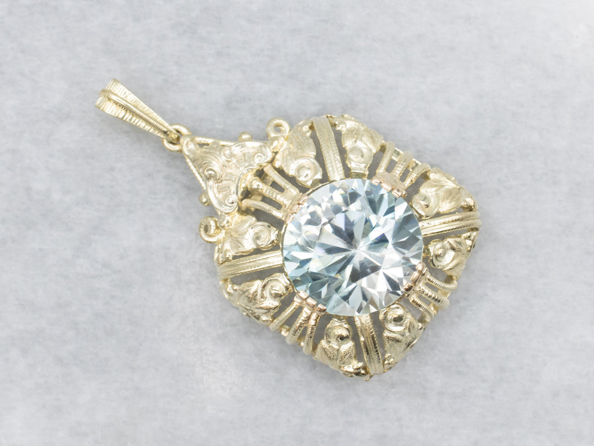 Ornate Blue Zircon Gold Cocktail Pendant