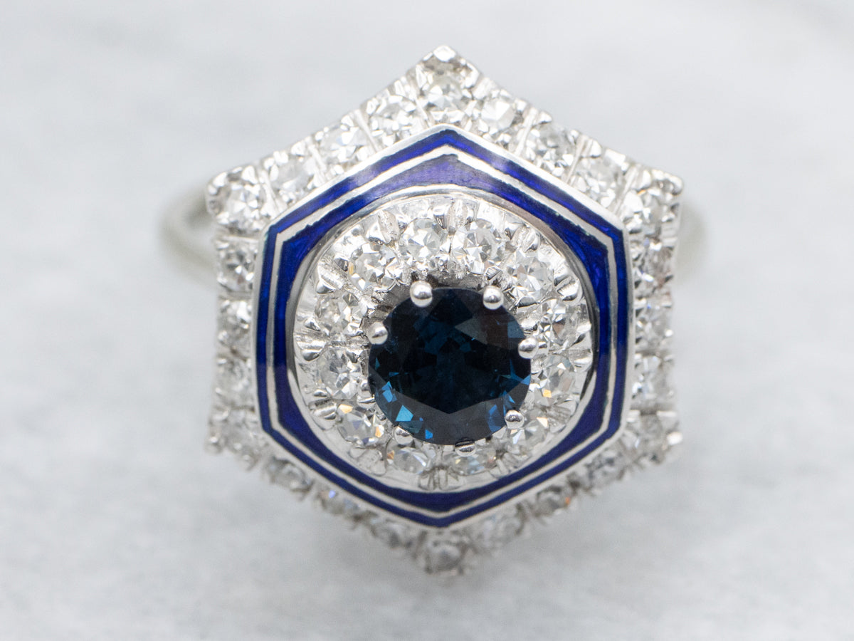 Contemporary Sapphire Enamel and Diamond Halo Ring